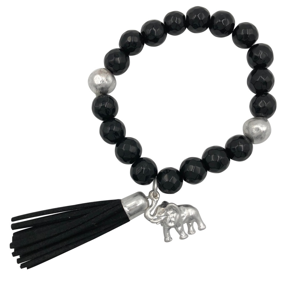 Elephant Charm Black Onyx Beaded Tassel Stretch Bracelet